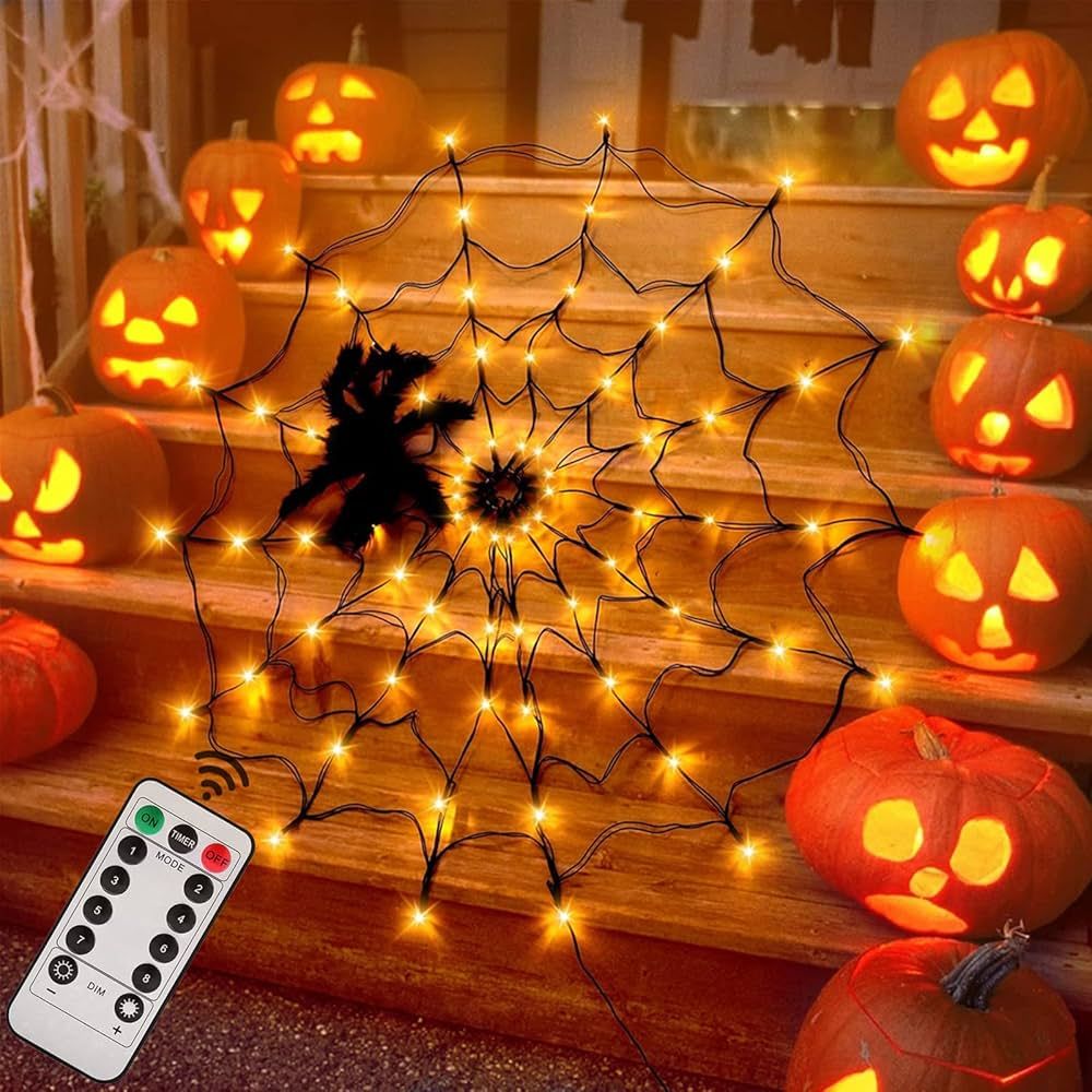 Halloween Decorations Spider Web Lights - 4FT Diameter 70 LED with Black Spider, Waterproof Net L... | Amazon (US)