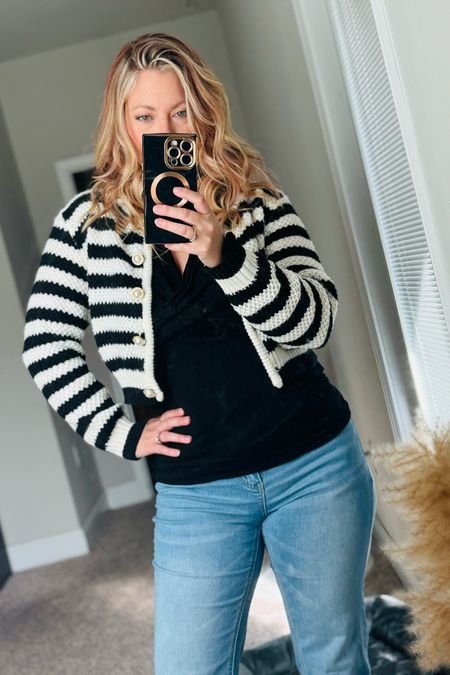 Cropped cardigan sweater #stripes #blackandwhite

#LTKfindsunder50 #LTKstyletip #LTKSeasonal