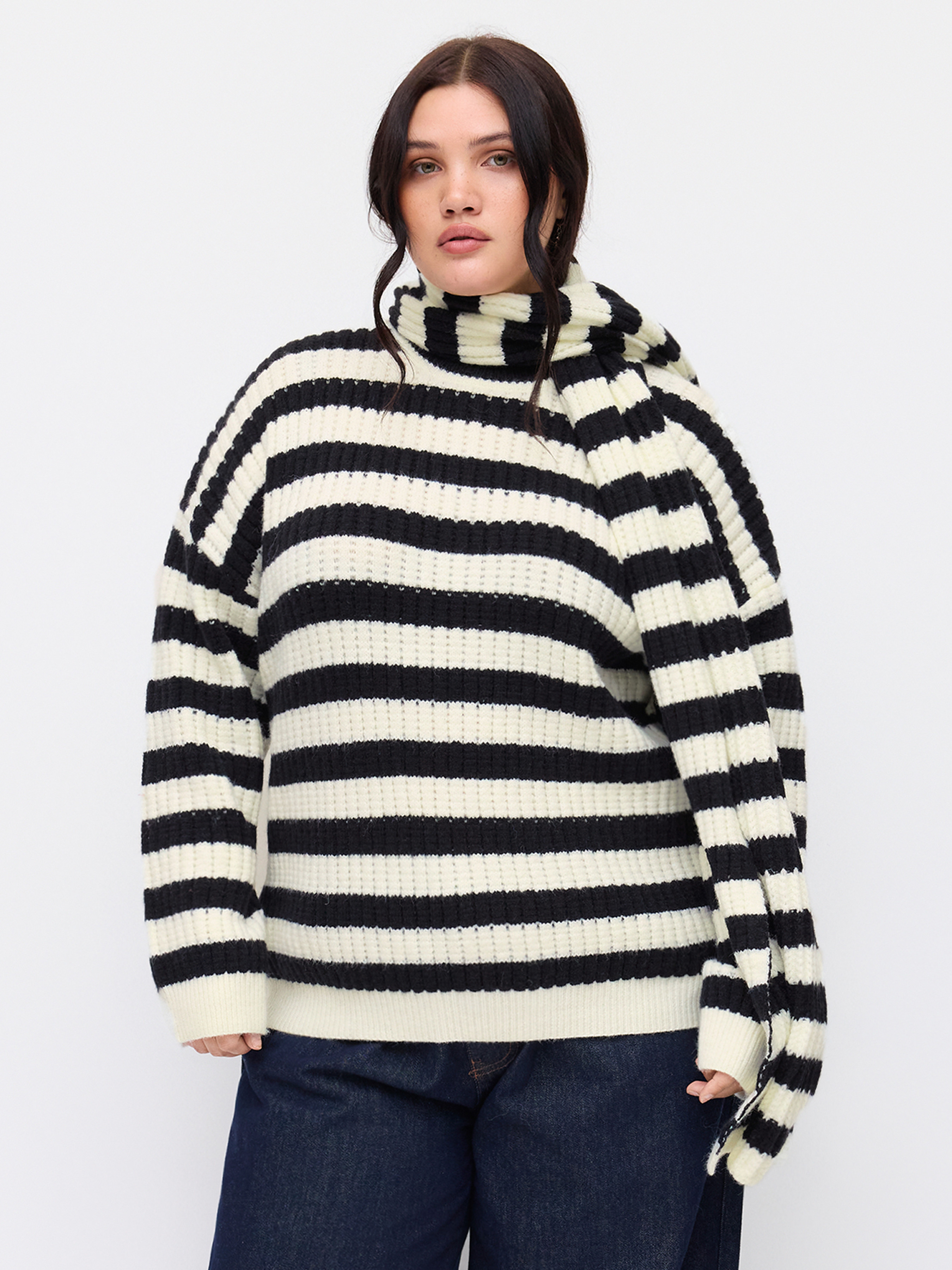 Knit Fabric Knit Round Neckline Striped Long Sleeve Sweater With Scarf Curve & Plus For Daily Cas... | Cider