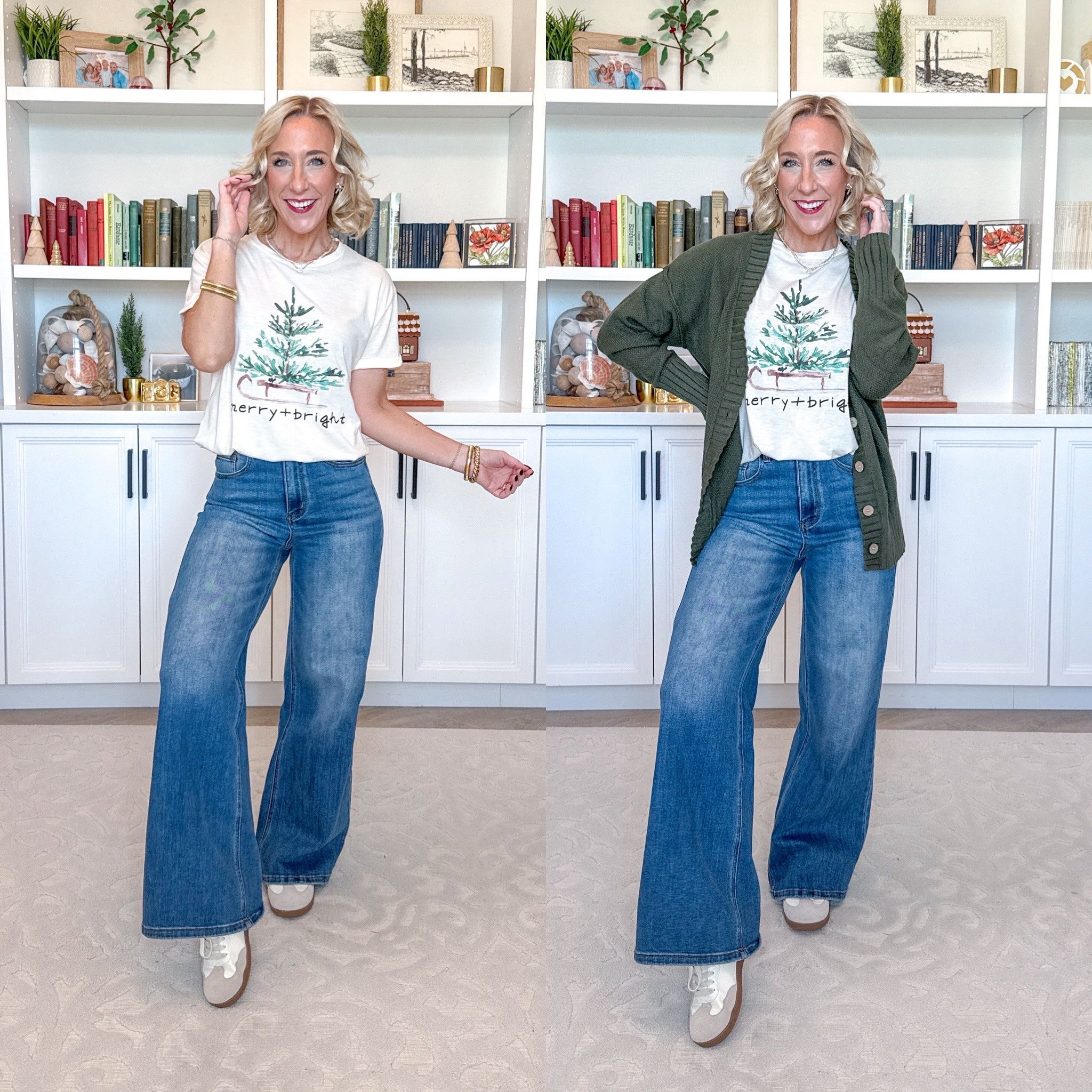 Amazon; holiday graphic tees 

• Wide leg jeans - size 25. 

Tree ‘Merry + Bright’ Tee - size small. 

Cardigan is old but I’m linking similar.

 

#LTKSeasonal #LTKHoliday #LTKFindsUnder50