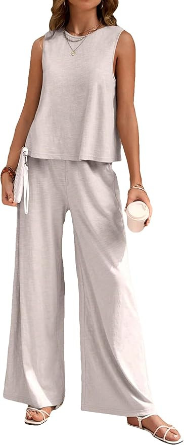 WDIRARA Women's 2 Piece Outfit Sleeveless Round Neck Tank Top and Wide Leg Pants Set | Amazon (US)