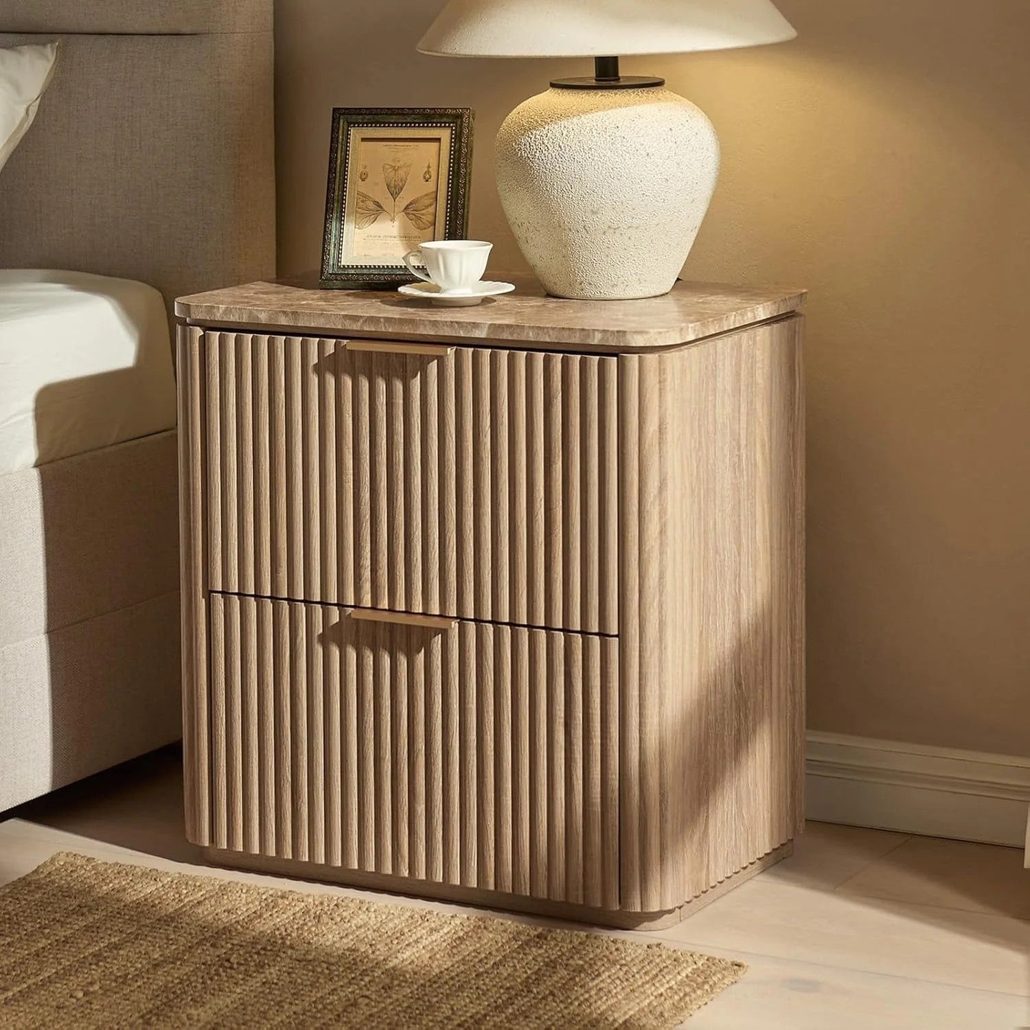 Hvoonc Fluted Nightstand with 2 Drawers, Solid Wood & Faux Marble Bedside Table, Modern Accent Fu... | Walmart (US)