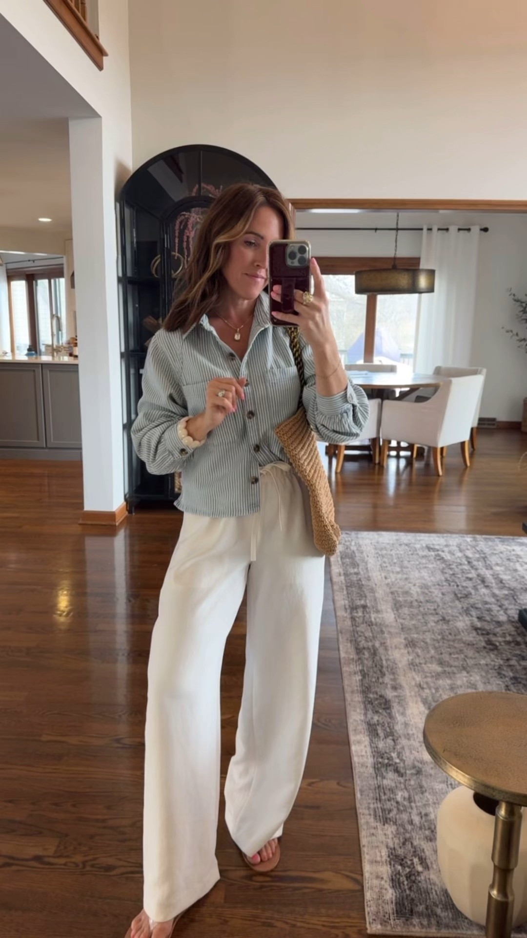 Summer/vacation style. Stripe denim shirt. Aritzia flowy pants 
S top
S pants, regular length 
Seven on Saturday 

#LTKgrwm #LTKPetite #LTKSeasonal