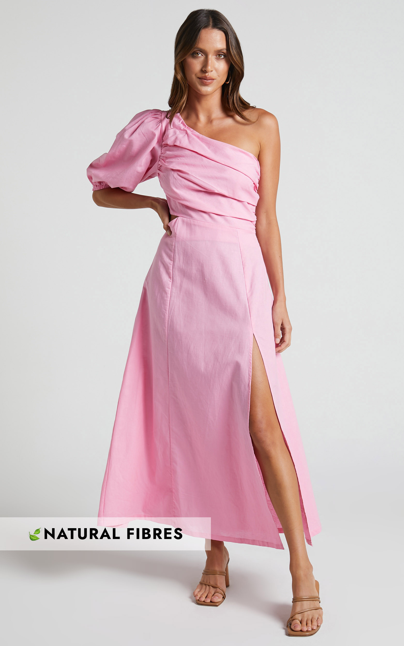 Amalie The Label - Mondie Linen Cut Out One Shoulder Puff Sleeve Midi Dress in Pink | Showpo (US, UK & Europe)