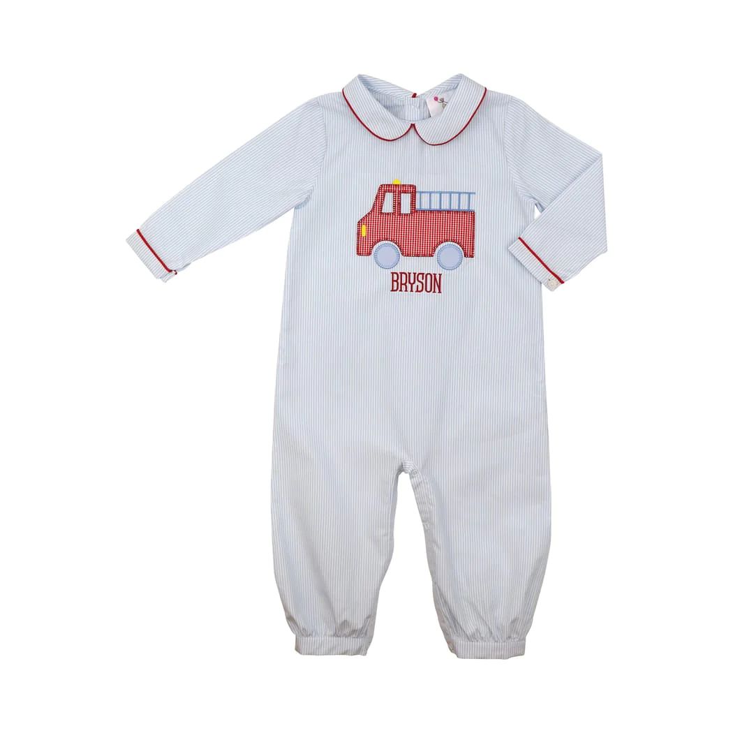 Blue Mini Stripe Firetruck Long Romper | Eliza James Kids