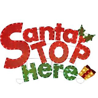 47 in. W Outdoor Christmas Decoration Santa Stop Here Sign with Red and Green LED Lights | The Home Depot