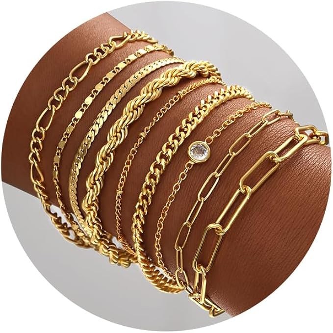 Gold Bracelets for Women, 14K Gold Plated Dainty Bracelets Set, Layered Chain Bracelets Pack | Amazon (US)