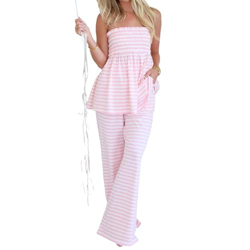 RUINIXCW Women Striped 2 Piece Set Strapless Tube Top Wide Leg Pants Summer Casual Matching Loungewear for Beach Vacation (Pink, M) | Amazon (US)
