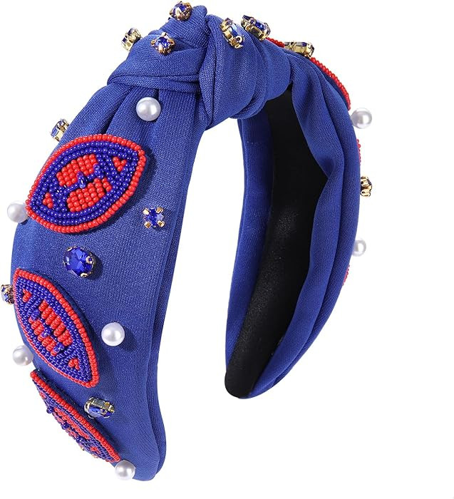 Game Day Headbands for Women Beaded Football Knotted Headband Pearl Crystal Embellished Wide Head... | Amazon (US)