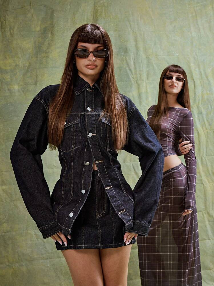 MUSERA Cinched Waist Contrast Stitch Denim Button Up Shirt Spring 90'S Y2k Western Concert Festival Rave Fall Autumn Winter Nashville Oasis Casual Office Work Christmas Thanksgiving Chic | SHEIN