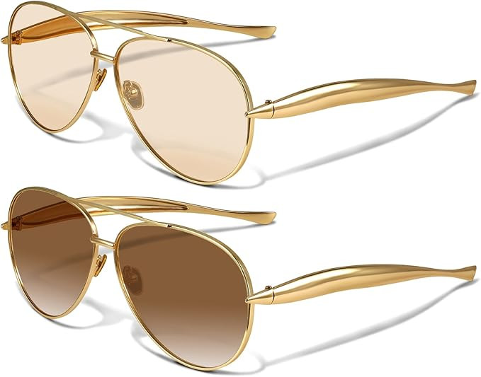 YDAOWKN Retro Gold Aviator Sunglasses for Women Men, Metal Oversized 70s Aviators Sun Glasses | Amazon (US)