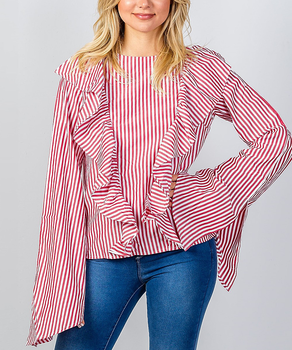 Red & White Stripe Ruffle Bell-Sleeve Top - Women | zulily
