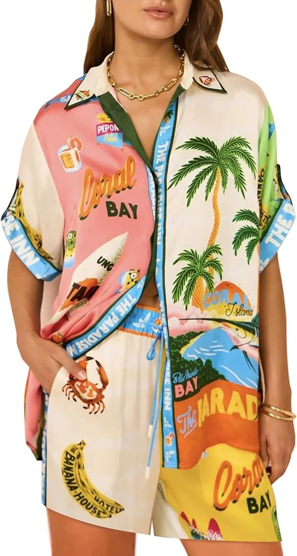 Peaceglad Women's Print 2 Piece Pajama Set Short Sleeve Button Down Tops Drawstring Shorts Lounge... | Amazon (US)