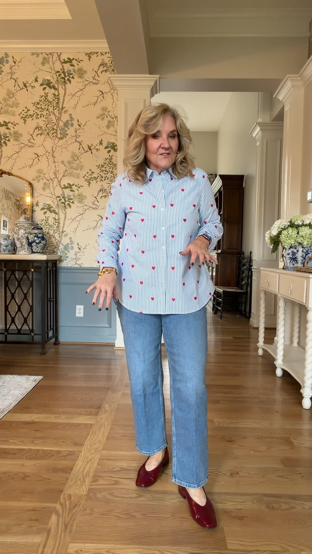 Striped blouse with embroidered hearts size medium very good quality! 
Jeans are a new spanx 360 denim with a functional button and fly. Lots of good compression in tummy and back. But comfortable. Size petite medium. 
Merlot patent leather shoes are favorites! True to size 
Allie & Bess code NANETTE25 25% off 

#LTKOver40 #LTKootd #LTKPetite

#LTKgrwm #LTKOver40 #LTKFindsUnder100