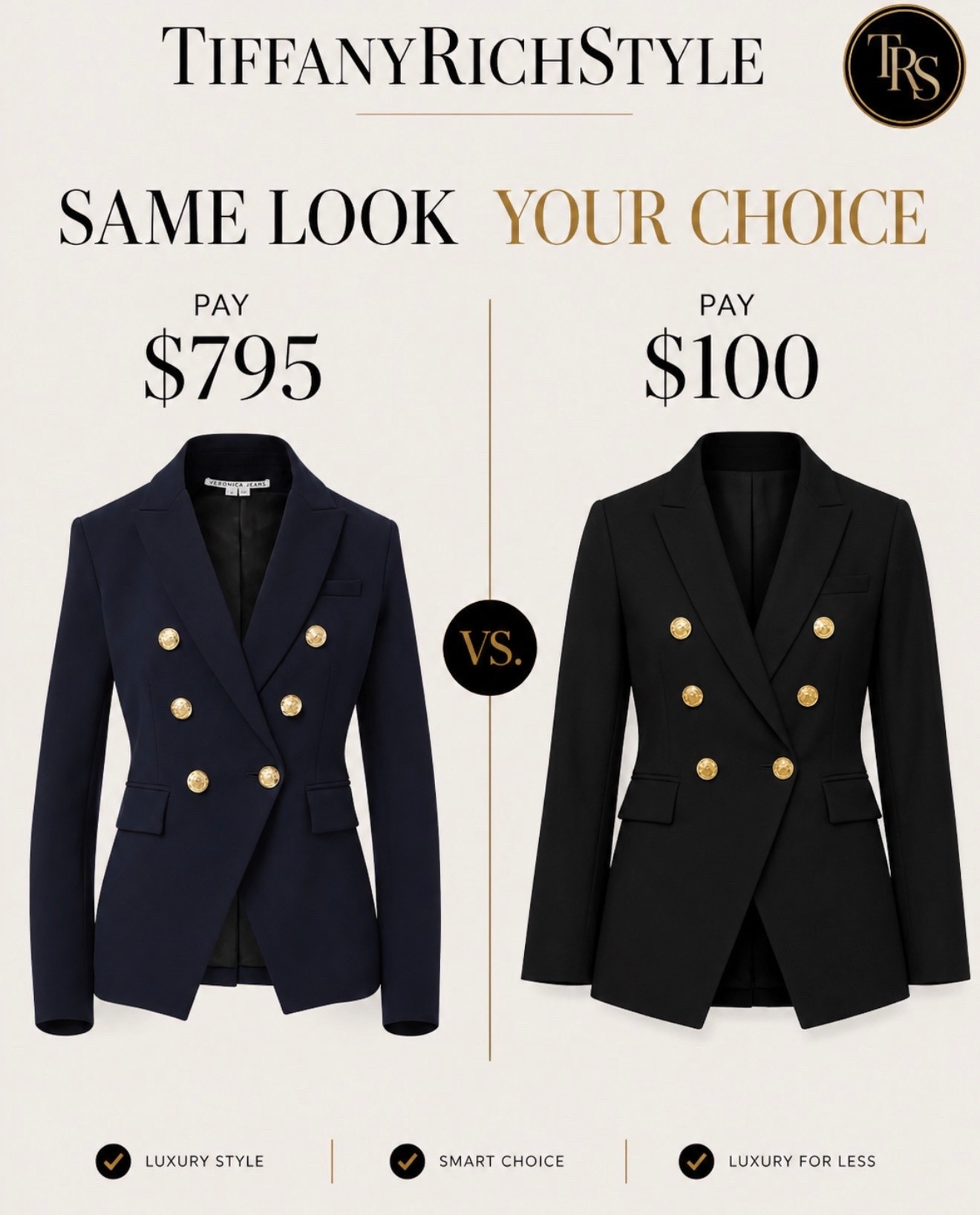 Same polished look… your choice. I found a luxe-inspired blazer for $100 @Quince  that gives the same elevated vibe as the $795 designer version. Save or splurge—the style is timeless either way. Shop both looks on my LTK.  Both Available in Navy and Black

#LTK #LTKStyle #LuxuryForLess #DesignerInspired #BlazerStyle #Workwear #CapsuleWardrobe #WomenOver40Style #TiffanyRichStyle