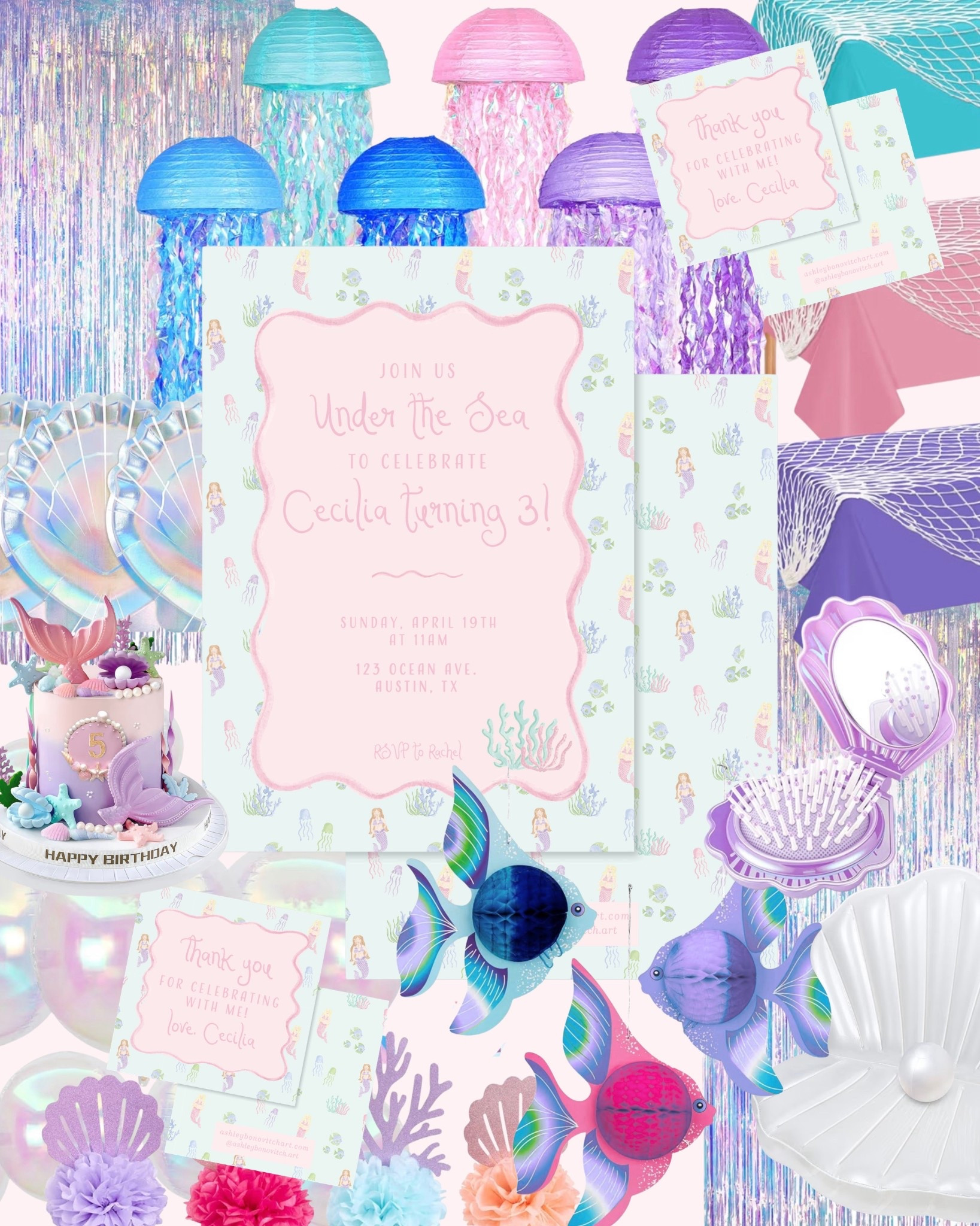 Theme Thursday: Under the Sea 🐚🫧✨

Find this invitation and so many more online at ashleybonovitchart.com !We are obsessed with this dreamy mermaid moment featuring our under-the-sea invitation + matching calling cards 💌 From iridescent shells and jellyfish lanterns to the sweetest pastel cake and ocean-inspired details… this theme is SO much fun to bring to life!

Think shimmer, sparkle, and all things magical 🌊🧜‍♀️—the possibilities for decorations are endless and make the cutest, most memorable celebration for your little one!

Who’s ready to dive in?! 💗🪸 

#LTKmomlife #LTKBaby #LTKKids