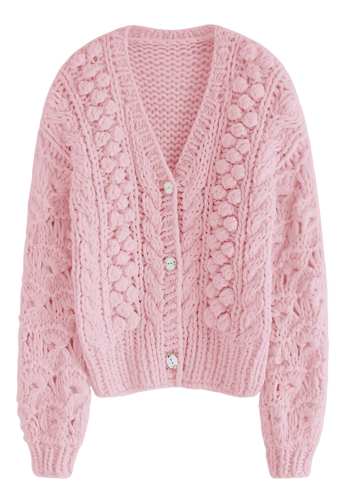 Button Up Pointelle Sleeve Pom-Pom Knit Cardigan in Pink | Chicwish