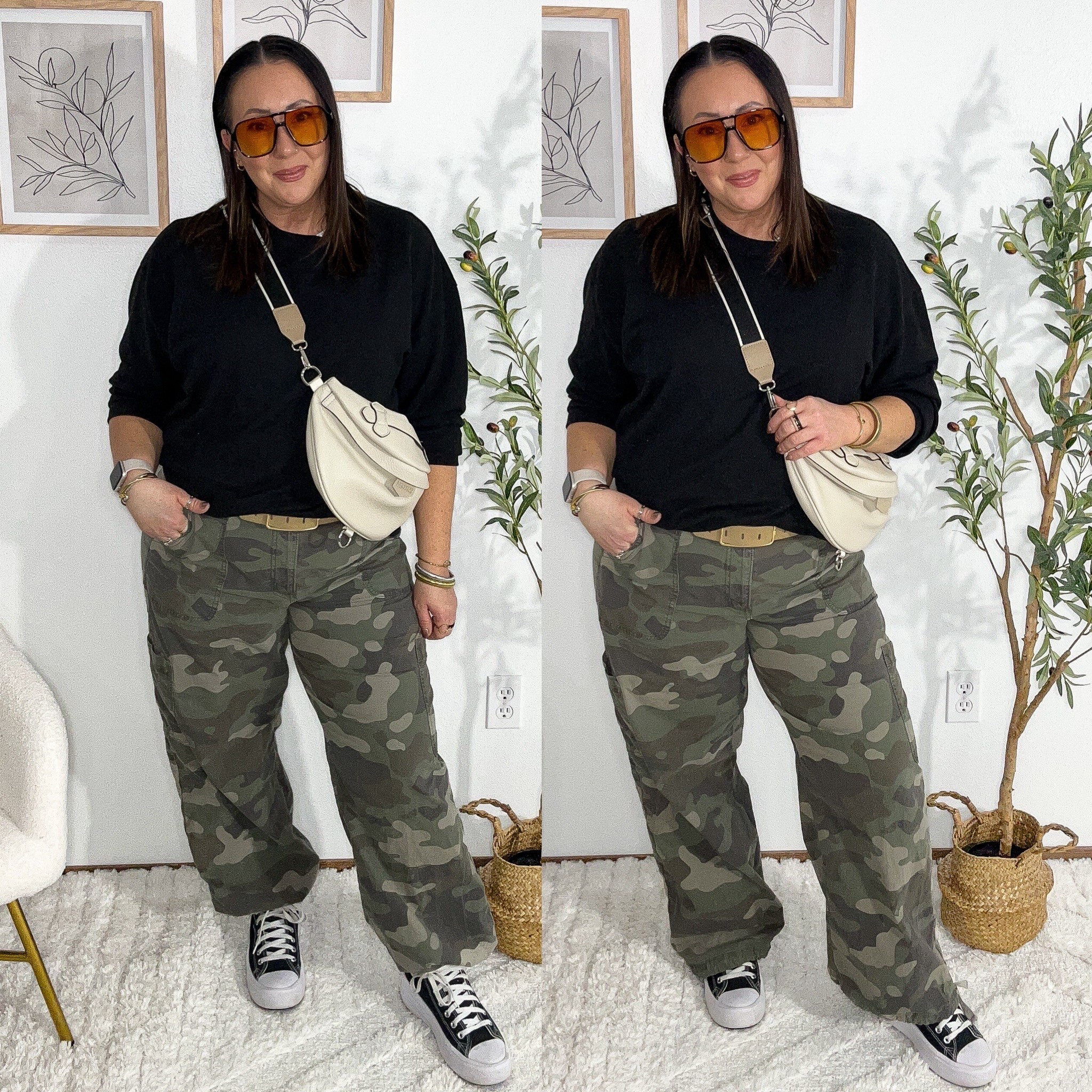 Easy OOTD! Linked a similar sweatshirt on Amazon! This one is oos on Walmart! Size 16 regular AE camo pants! XL belt. Converse platform sneakers I’ve had for a long time. Amazon bag and sunnies. Amazon jewelry! 

#LTKMidsize #LTKSaleAlert #LTKOver40