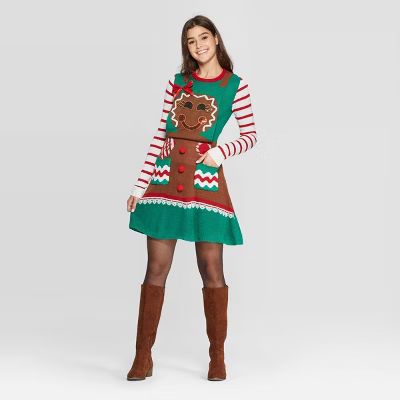 Women's Long Sleeve Gingerbread Ugly Holiday A-Line Mini Dress - Born Famous (Juniors') - Brown | Target