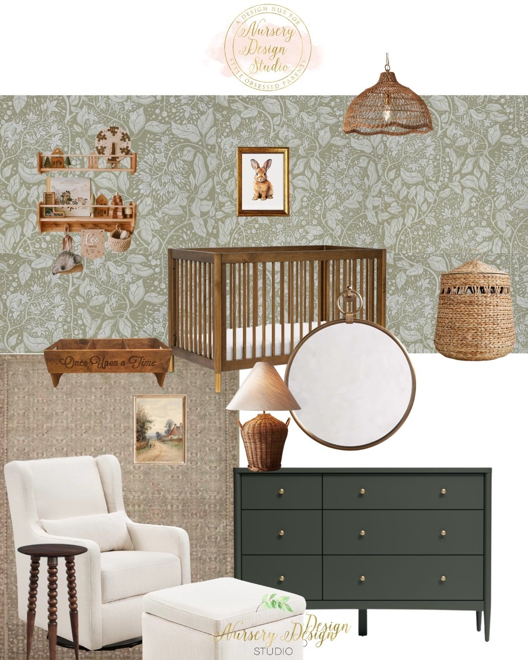 Walnut, olive green, and a little old-world charm. Alice’s nursery pairs a simple wood crib with an olive dresser, vintage-inspired wallpaper, antique brass mirror, woven accents, and a softly patterned rug for a collected look that feels as beautiful now as it will years from now. Shop the nursery below.

#LTKmomlife #LTKBaby #LTKBump
