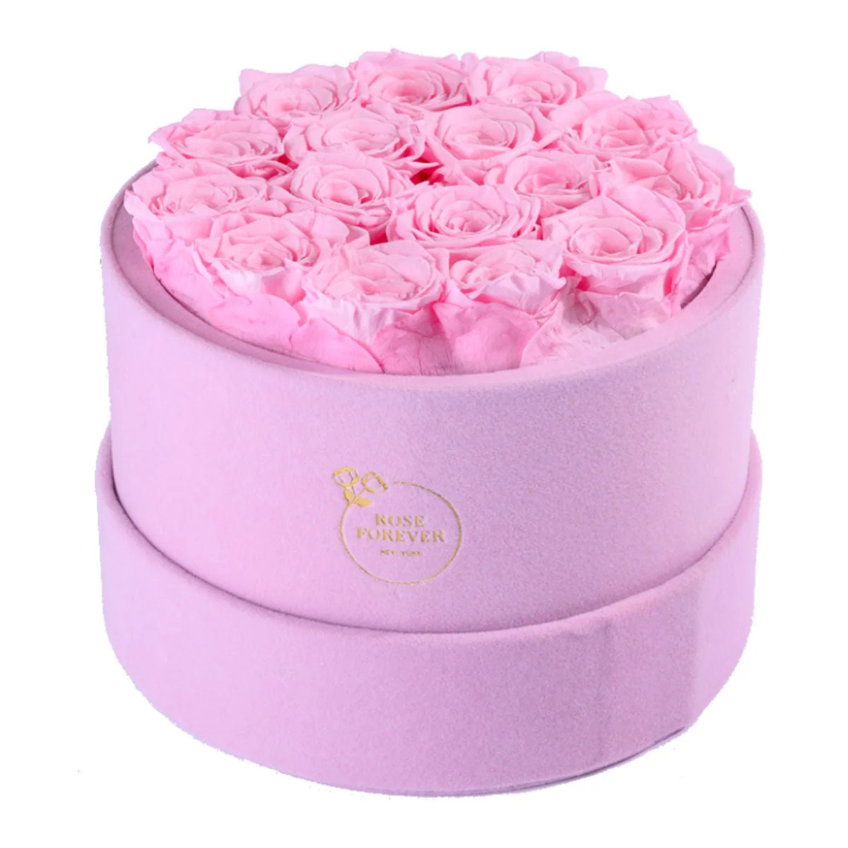 16 Pink Roses - Pink Round Suede Box | Rose Forever 