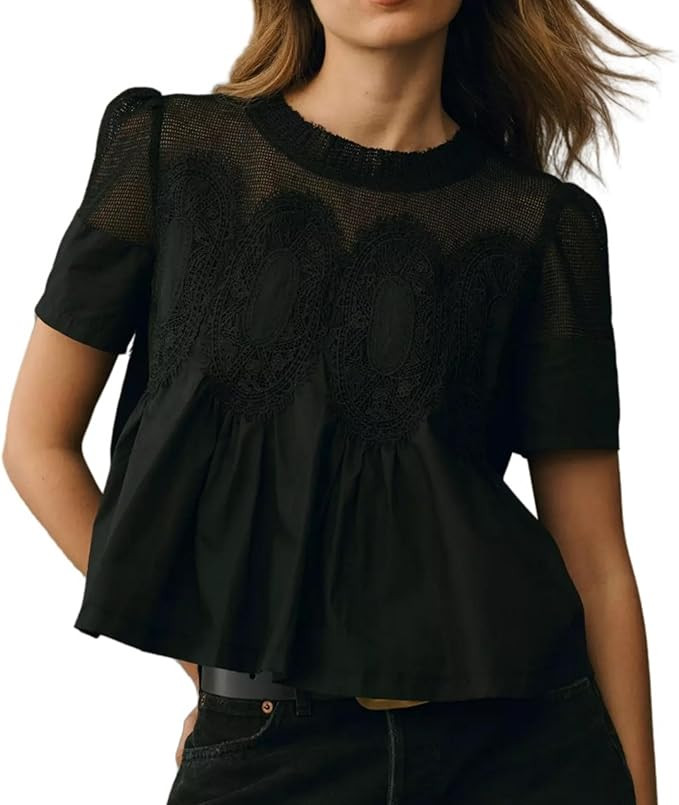 VAOYIU Women Lace-Detail Flared Blouse Short-Sleeve Crew Neck Lace Poplin Mesh Swing Top Elegant ... | Amazon (US)