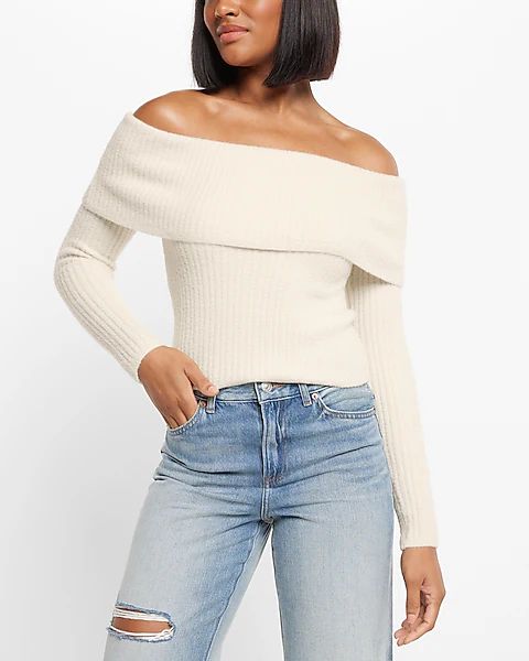 Ribbed Off The Shoulder Overlay Sweater | Express