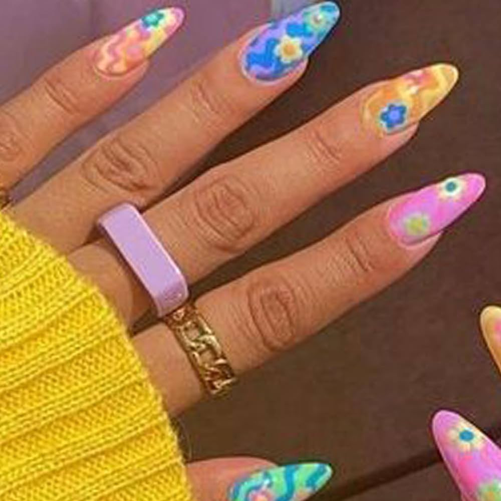 GLAMERMAID Press on Nails Short Almond, Bright Colorful Tie Dye Fake Nails with Design, Y2K Mediu... | Amazon (US)