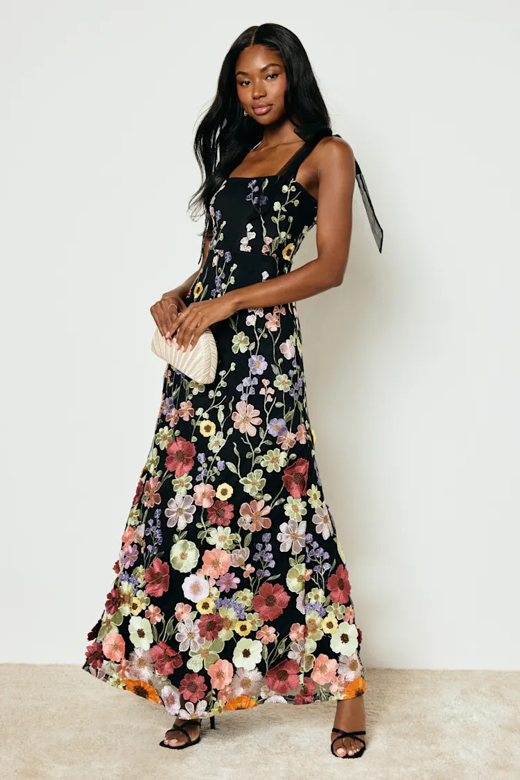Thriving Poise Black 3D Floral Embroidered Tie-Strap Maxi Dress | Lulus