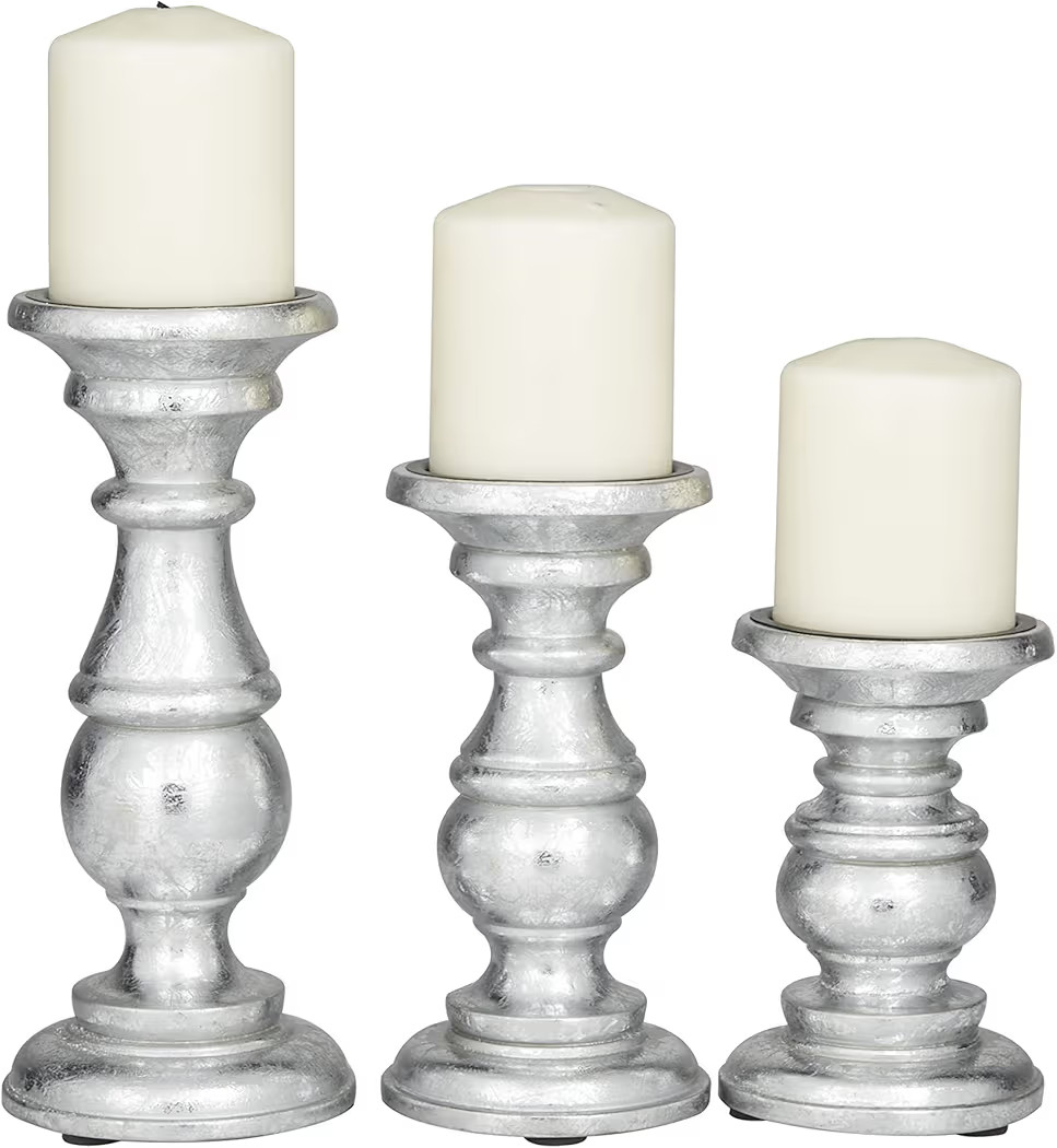 Deco 79 Traditional Mango Wood Pillar Candle Holder, Set of 3 10", 8", 6"H, Silver | Amazon (US)