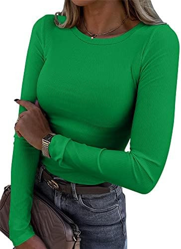 Roselux Womens Long Sleeve Stretch Crewneck Ribbed T-Shirt Fitted Casual Basic Tops | Amazon (US)