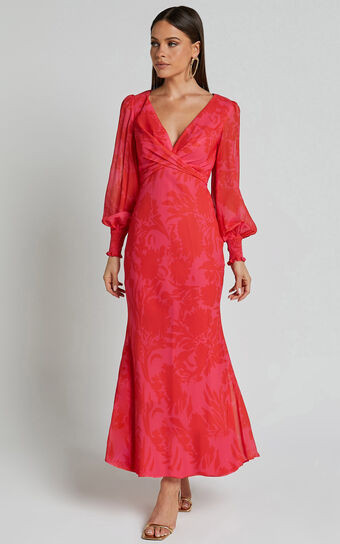 Claude Midi Dress - Deep V Neck Long Sleeve Slip Dress in Print | Showpo (US, UK & Europe)