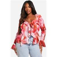 boohoo Women's Plus Floral Ruffle Front Blouse in Pink | Size: 16 | Denim/Down | boohoo (US & Canada)