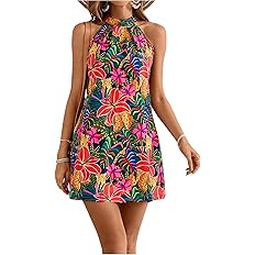 Floerns Women's Sleeveless Floral Print Sundress Halter Neck A Line Short Dress | Amazon (US)