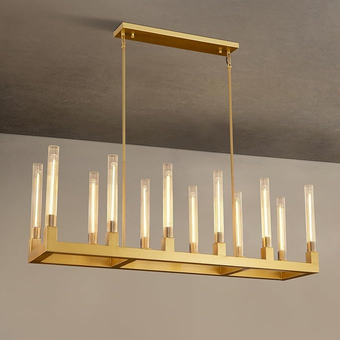 14-Lights Rectangle Chandelier with Glass Tube 55''Gold Rectangular Dining Room Chandelier Over T... | Amazon (US)