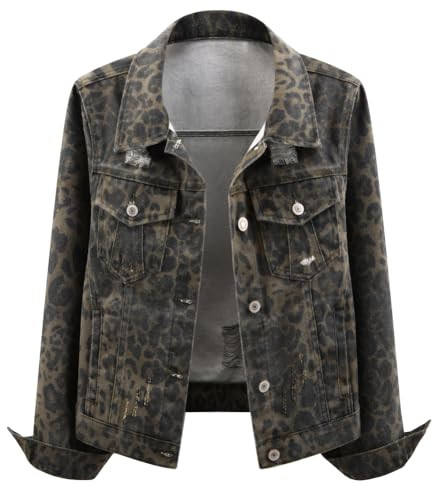 Kedera Denim Jacket for Women Leopard Print Ripped Distressed Jean Button-up Front Bomber Jacket | Amazon (US)