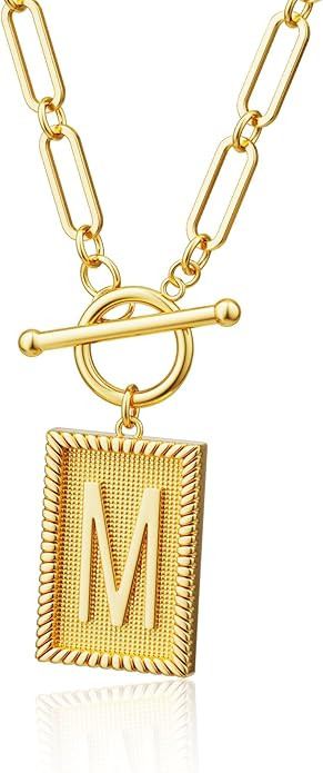 Gold Initial Necklaces for Women, Toggle Clasp Square Letter Pendant Necklace Trendy 14K Gold Pla... | Amazon (US)
