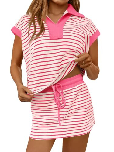 Fisoew Womens Striped 2 Piece Outfits Casual Sweatshirt Skirt Set Short Sleeve Skort Workout Set Matching Lounge Sets | Amazon (US)