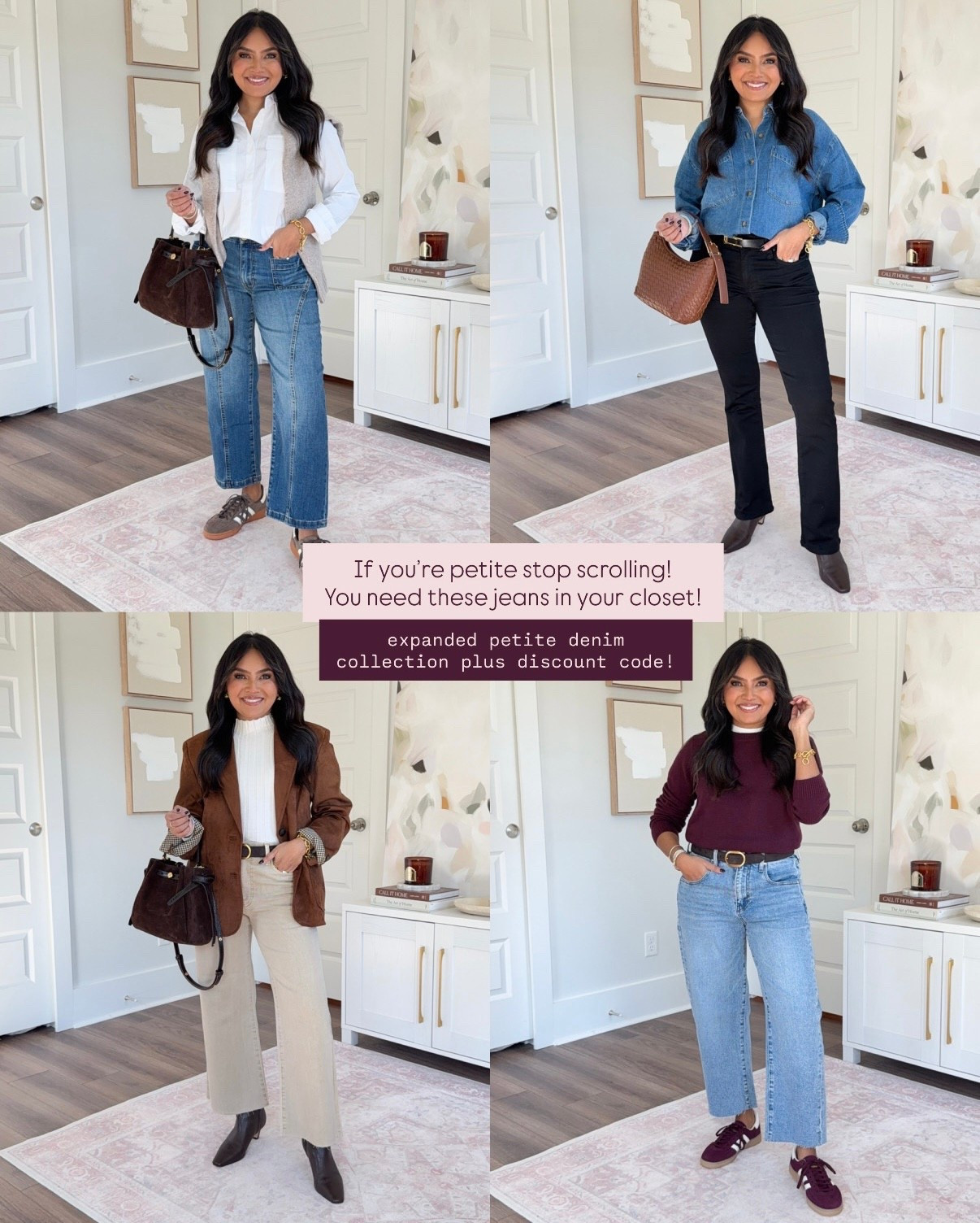 Use code KUT15 FOR 15% off!
For reference: I’m 5’0, 32b bra size, and 2/26 in bottoms, pear shaped. 
*Everything I share is unaltered! TTS means true to size.

**I size down one size in this brand!

White button down size xs TTS
Charlotte high rise wide leg jean size 0 petite - sized down a size
Tan sweater - old, similar linked
 Earth Strata / Off White / Gum sneakers size 6 TTS

Denim button down shirt size xs TTS
Black midrise bootcut jeans size 0 petite - sized down a size
Belt size small TTS
Dark brown boots size 5.5 TTS


Suede blazer size xxs TTS - use code RACHEL15
White sweater - old, similar linked
Meg high rise wide leg jean size 0 petite - sized down a size
Dark brown belt size 27-31”
Dark brown boots size 5.5 TTS


Burgundy sweater size xs petite TTS
White tank size xs petite TTS
Gwen high rise wide leg jeans size 0 petite - sized down a size
Dark brown belt size 27-31”
Maroon sneakers size 6 TTS


#LTKSaleAlert #LTKPetite #LTKStyleTip