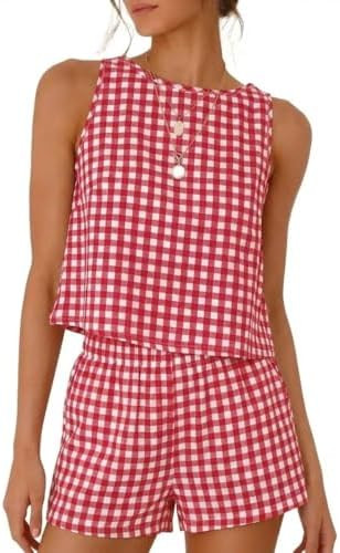 IDEALSANXUN Womens Two Piece Sets Summer Beach Spring Gingham Tank Tops and Plaid Shorts Pajama S... | Amazon (US)