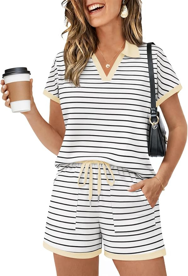 Yousify Womens Lounge Sets Two Piece Sets Summer Polo Shirts and Drawstring Shorts Matching Cloth... | Amazon (US)