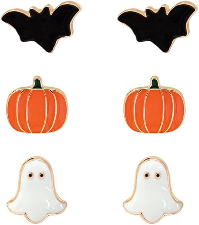 Pumpkin Ghost Bat Halloween Stud Earrings for Women Men Cute Simple Funny Orange/White/Black Enamel Studs Fashion Jewelry for Party 3 Pairs Set | Amazon (US)