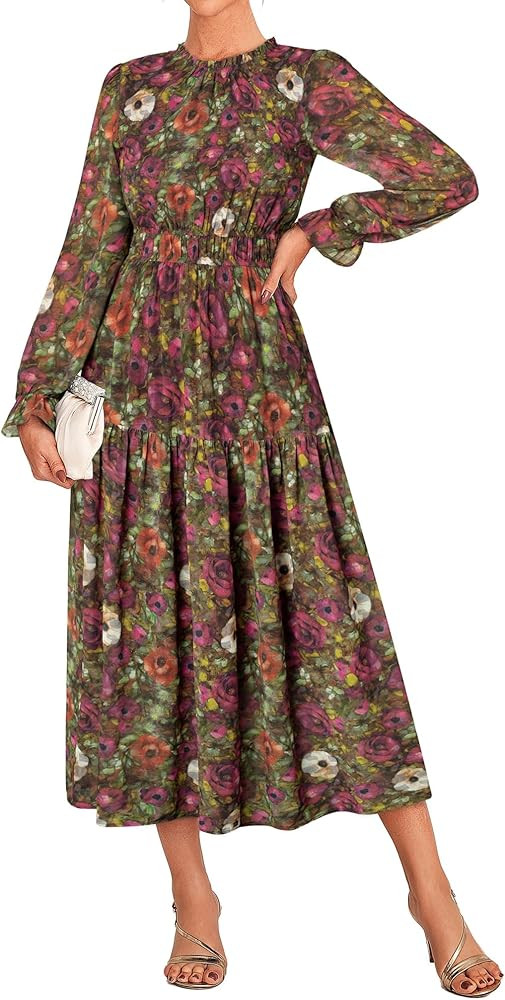 GRACE KARIN Women's Long Sleeve Maxi Dress Fall 2025 Chiffon Flowy Wedding Guest Dresses Floral T... | Amazon (US)
