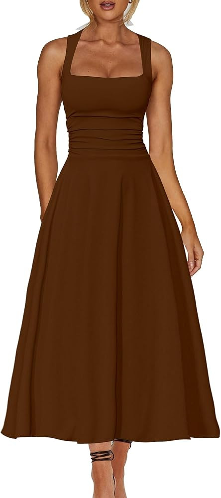 Kaximil Women's Square Neck Corset A Line Maxi Dress Ruffle Ruched Waist Flowy Long Dresses | Amazon (US)