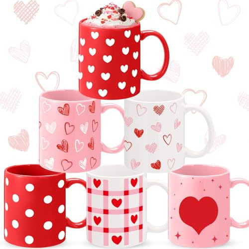 Sliner Valentines Coffee Mug Set of 6, 11 oz Valentines Heart Pattern Mugs with Handle, Pink Red White Ceramic Cups for Galentine's Day Gift Party Supplies | Amazon (US)