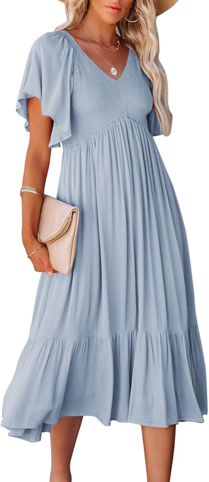 BZB Womens Summer Dresses V Neck Smocked Midi Dress Ruffle Sleeve A Line Boho Dress S-XXL | Amazon (US)