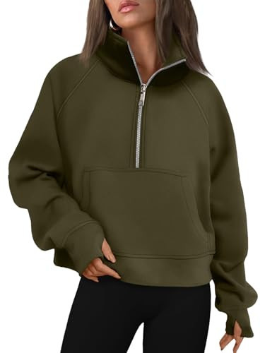 AUTOMET Womens Sweatshirts Half Zip Cropped Pullover Fleece Quarter Zipper Hoodies 2025 Fall Fashion Outfits Clothes ArmyGreen XX-Small | Amazon (US)