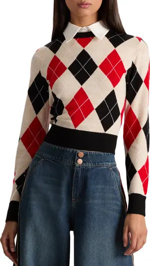 Alice + Olivia Carol Ann Wool Blend Argyle Sweater with Removable Collar | Nordstrom | Nordstrom
