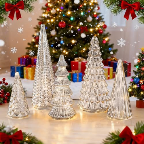 Set of 5 Illuminated Mercury Glass Trees - Upgrade Mercury Glass Christmas Trees with LED Lighted Tabletop Decor, Crackled Mercury GlassTrees for Xmas Home Party Centerpiece Tabletop Mantel (Silver) | Amazon (US)