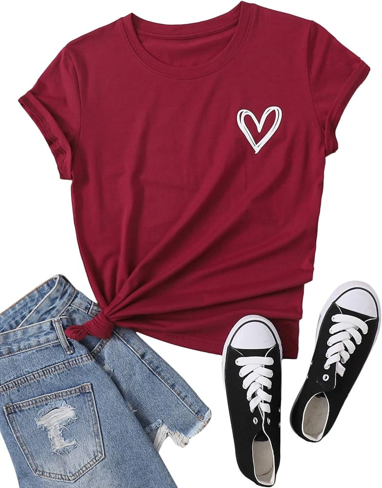 SweatyRocks Women's Heart Print T Shirts Summer Funny Short Sleeve Tops | Amazon (US)